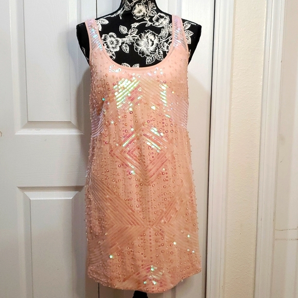 Bebe Pink Iridescent Sequin Shift Dress S - Picture 1 of 13